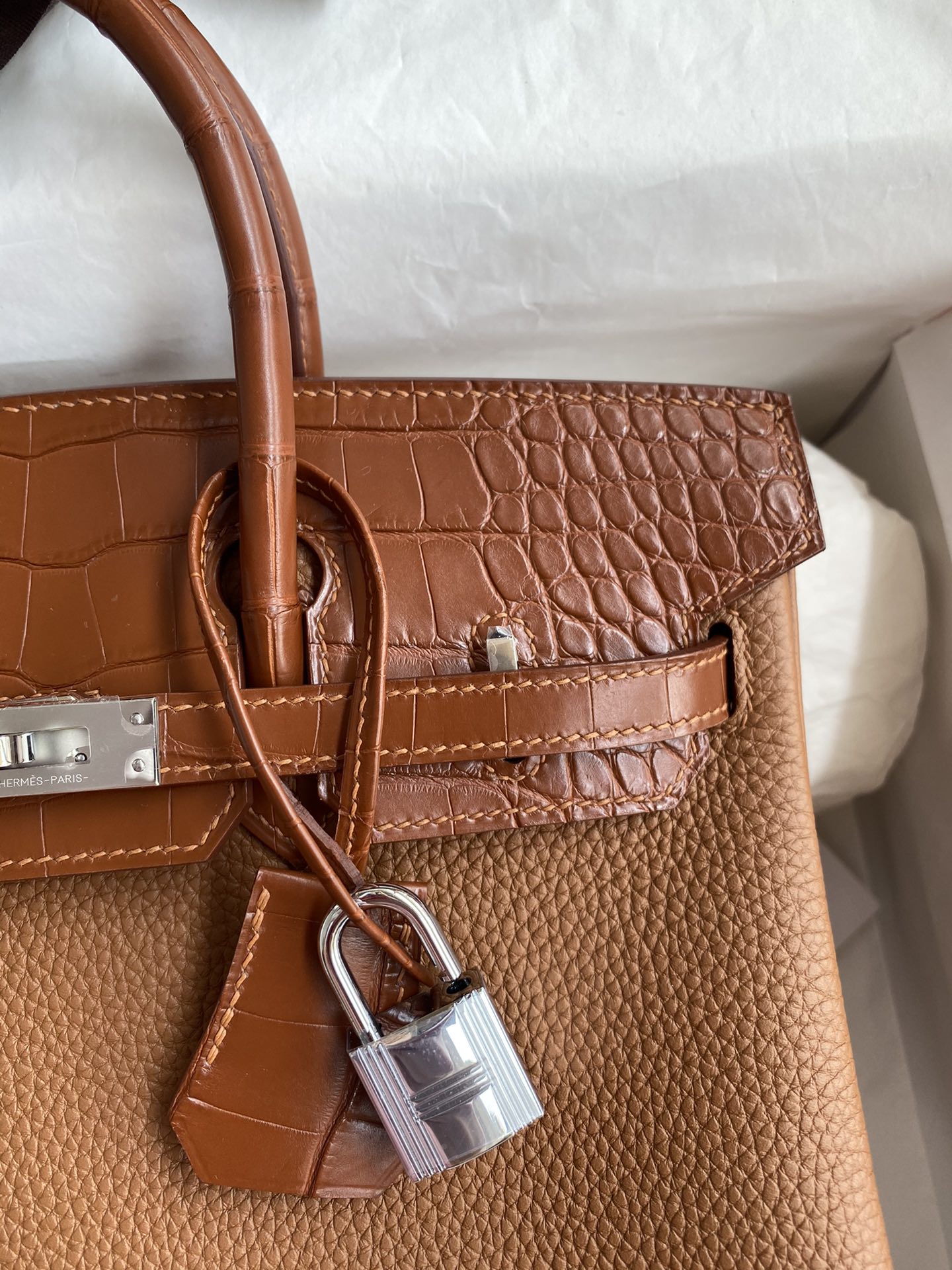 Hermes Touch Birkin 25CM Bag In Brown Togo and Matte Alligator Crocodile Leather